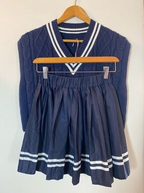 2 Piece Navy Knit V-Neck Sweater and Pleated Skirt Set with White Trim